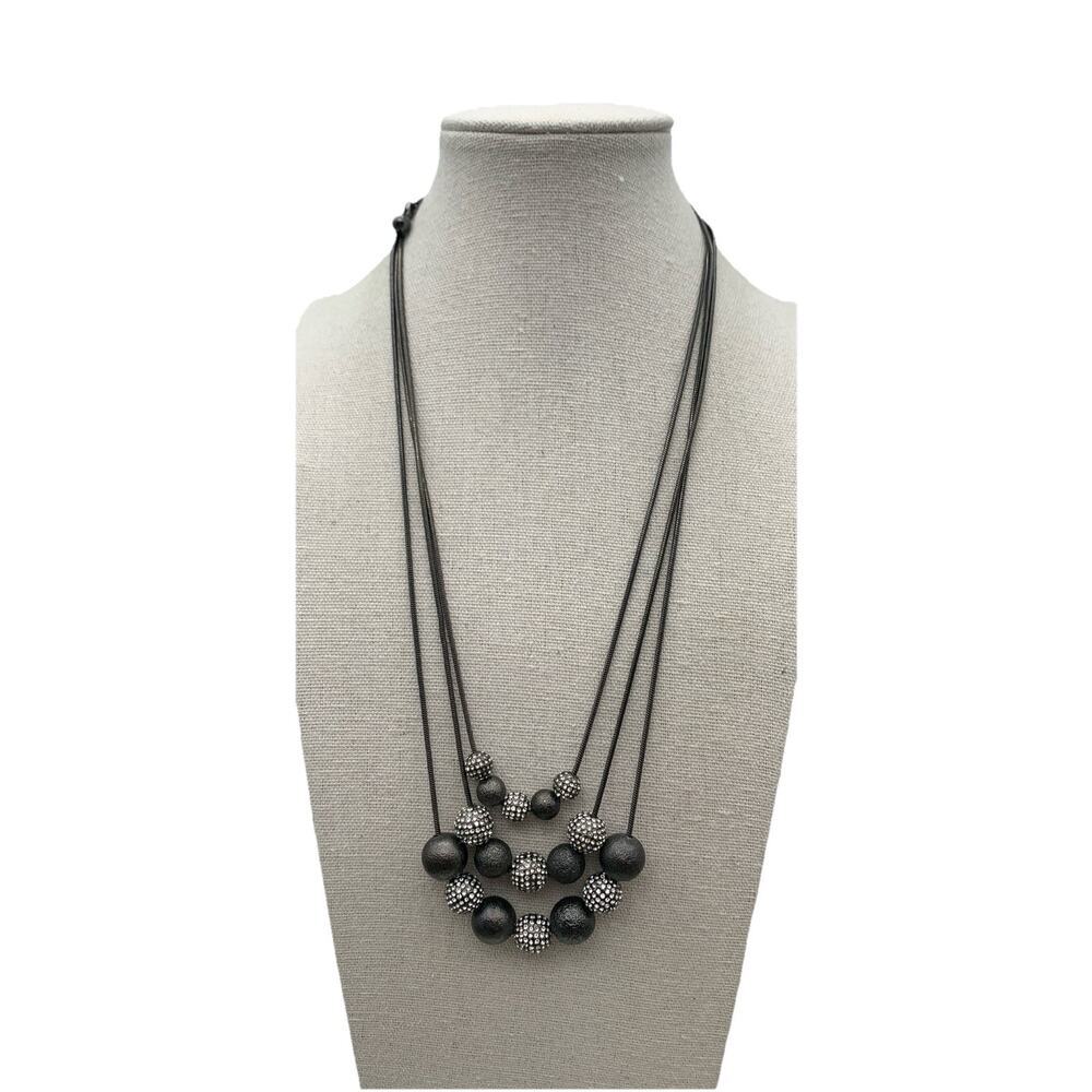 Chico's 3 Strand Sparkling Pave Ball Beaded Graduated Necklace Gun Metal